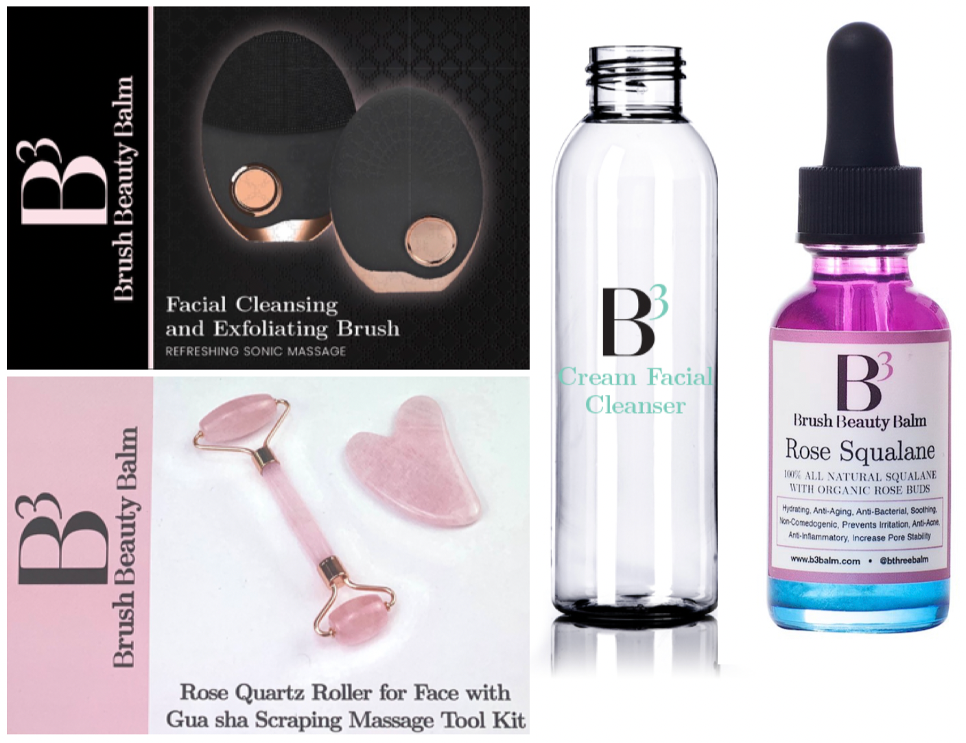 Rose Quartz Roller & Gua Sha Set, Facial Cleansing + Exfoliating Brush, Cream Facial Cleanser & Rose Squalane Oil Set